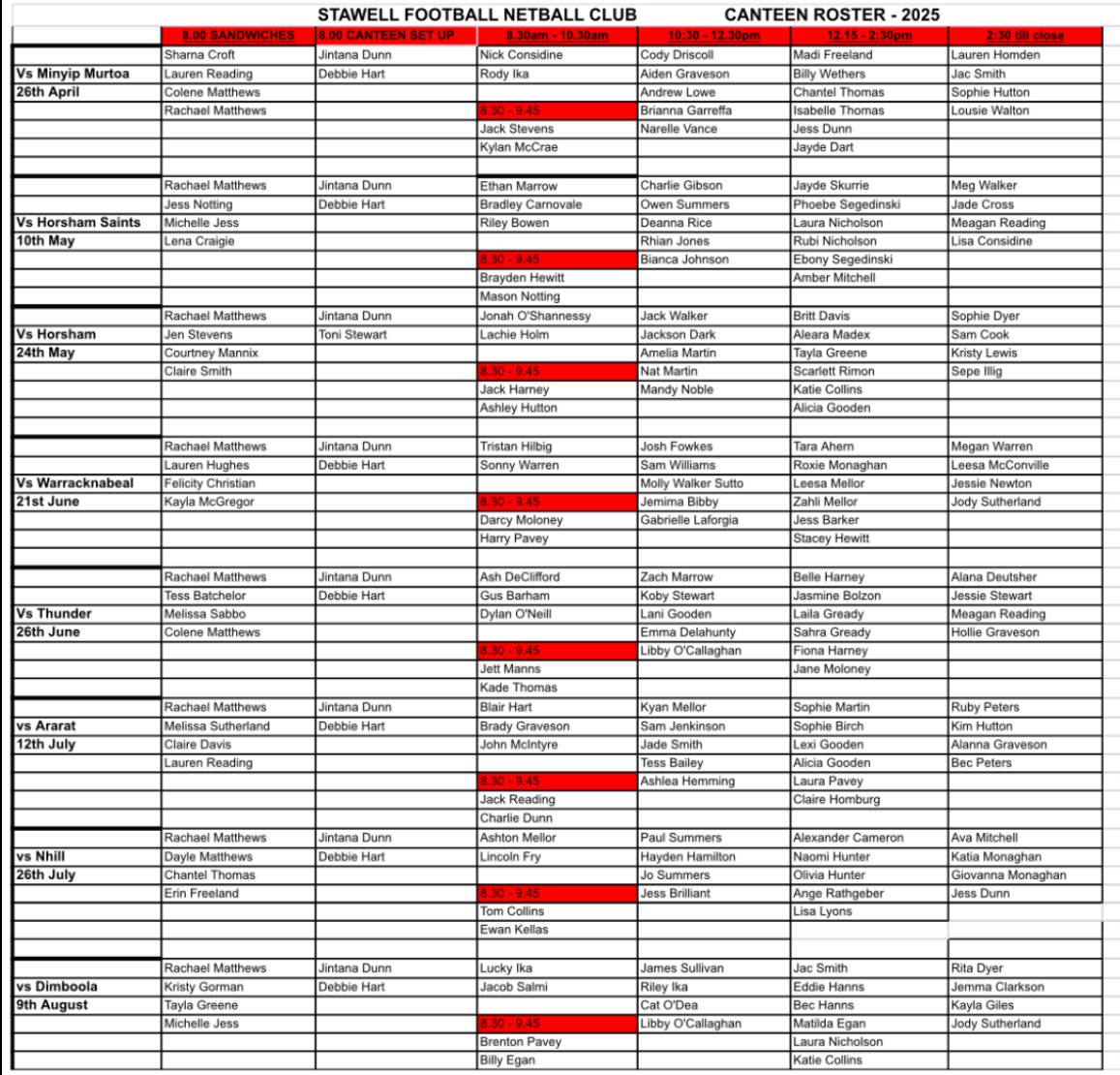 2025 Canteen Roster